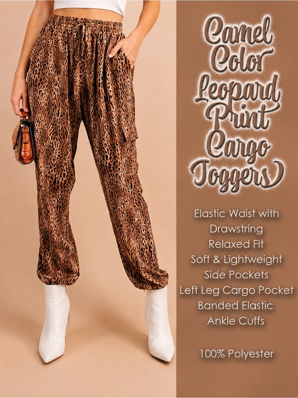 CAMEL COLOR LEOPARD PRINT CARGO JOGGERS NEW